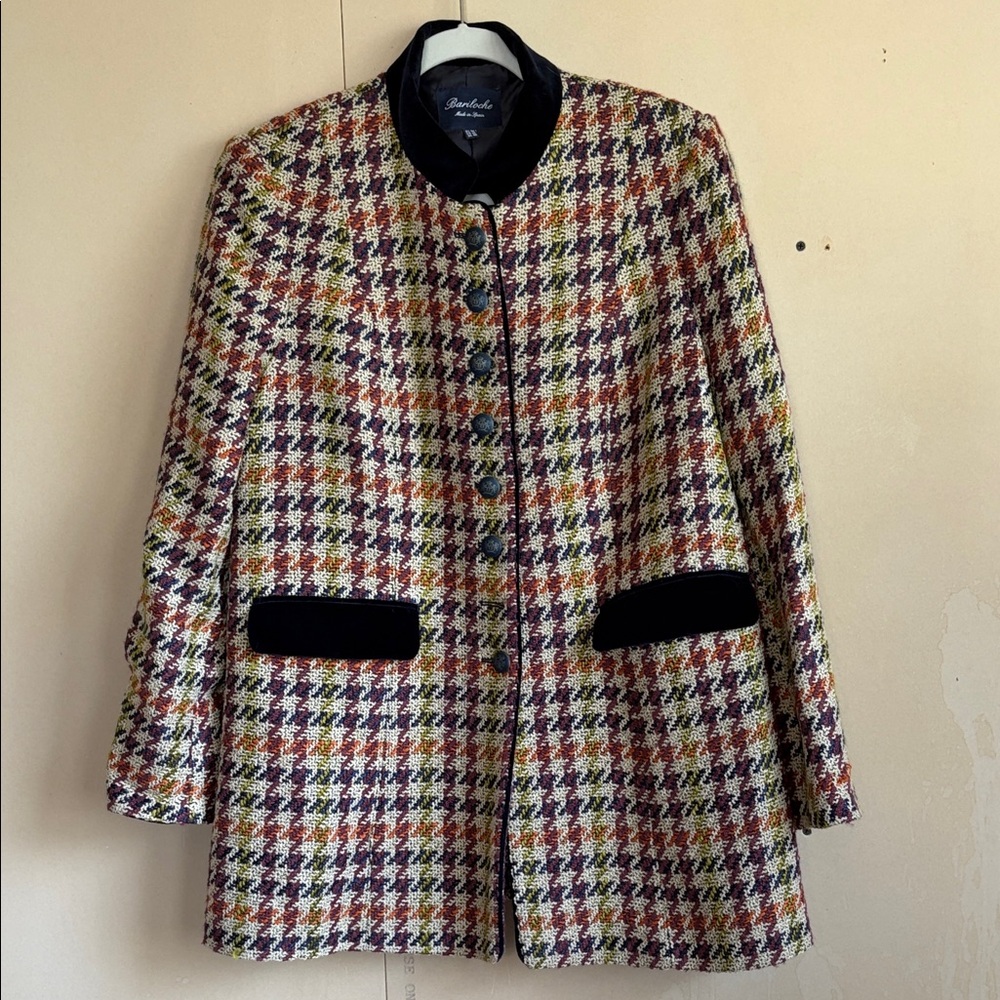 Bariloche made in Spain Multicolor Houndstooth Tweed Blazer w/ Navy Velvet Trim
